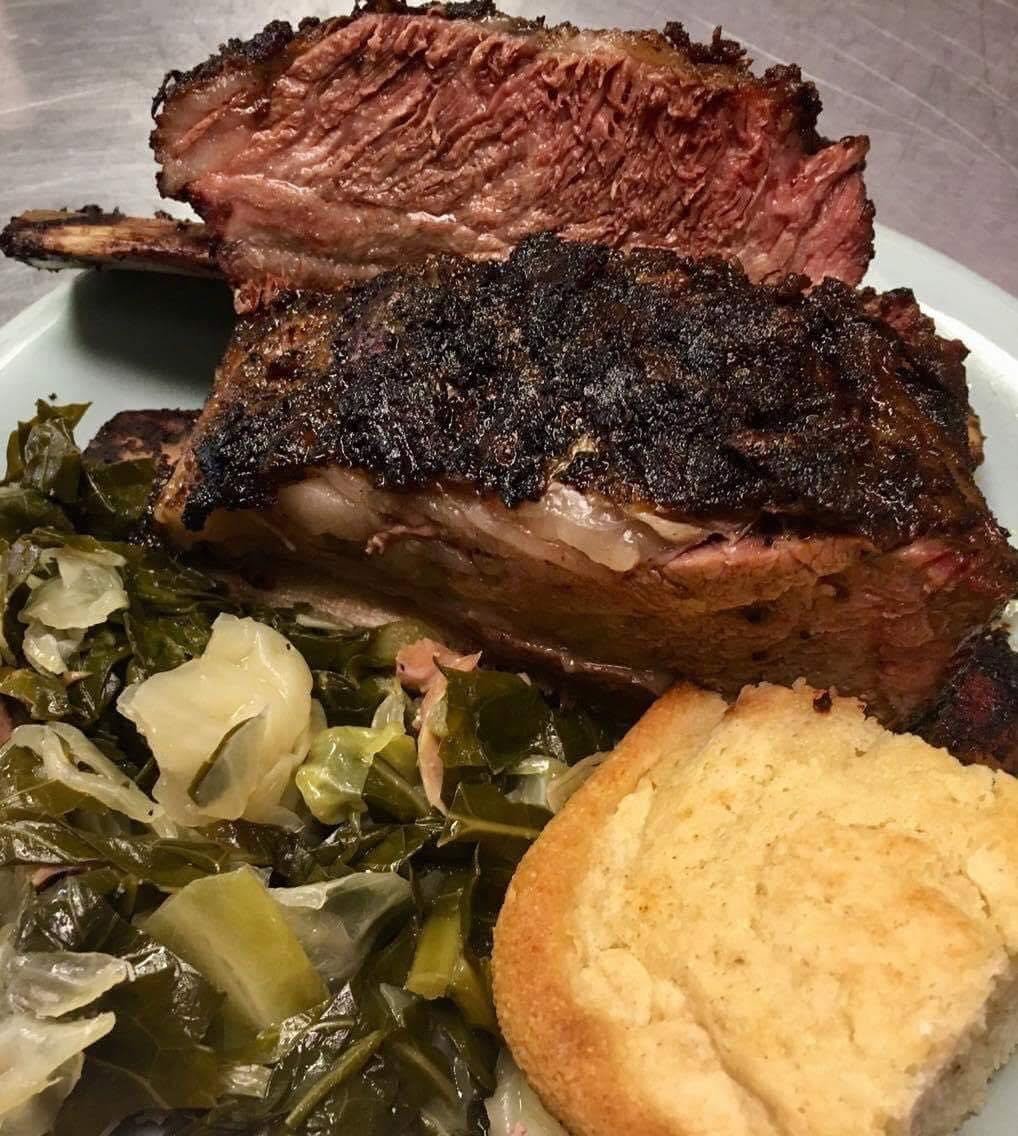 Smoked beef short ribs with greens and cornbread